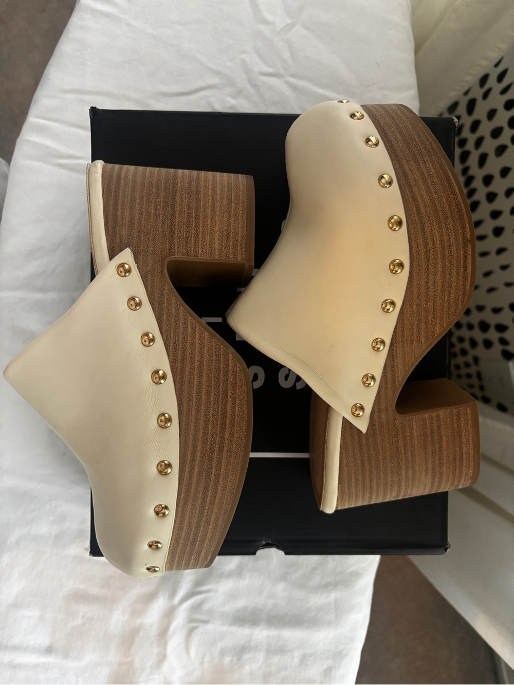 Off White Platform Clogs with Gold Studs - Picture 5 of 7